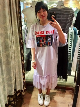 「Jingmei Storeのアイテム（ワンピース、パープル系）」を使った、Kaitlyn Liuさん（レディース・163cm）の春コーディネート