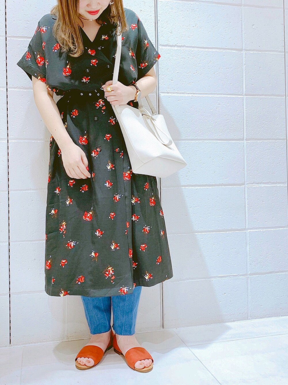 「KBFのフラワーWブレストワンピース（ワンピース、ブラック系）」を使った、ito___chan 🐰さん（レディース・152cm）の春コーディネートの1枚目の写真