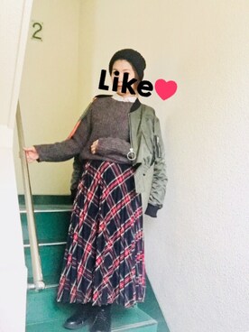 「タータンチェックスカート」｜「アイテム（MA-1）」を使った、greamさん（レディース・158cm）の秋コーディネート