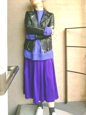 「UNDERCOVER（アンダーカバー）のアイテム（ライダースジャケット）」を使った、umさん（レディース・158cm）の春コーディネート