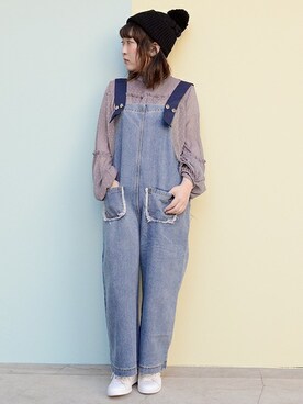 「フリルネック」｜「アイテム（サロペット/オーバーオール）」を使った、harunaさん（レディース・156cm）の春コーディネート