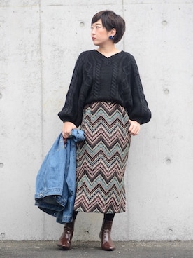 「アイテム（デニムジャケット）」を使った、harunaさん（レディース・156cm）の冬コーディネート