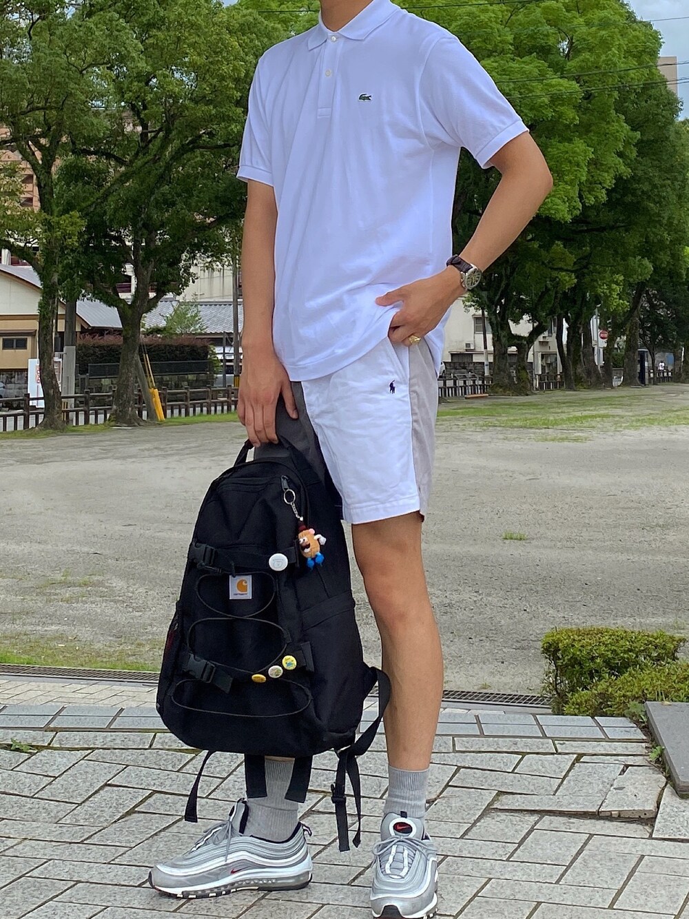 「summer、韓国ファッション、今日のコーデ、古着、男の子コーデ、お洒落さんとつながりたい、ヴィンテージ、カジュアル、シンプル、オトナカジュアル」｜「LACOSTEの【LACOSTE・ラコステ】半袖ワンポイントポロシャツ POLO SHIRT　L1212　L.12.12（ポロシャツ、ホワイト系）」を使った、ヒヨンさん（メンズ・183cm）の夏コーディネートの1枚目の写真