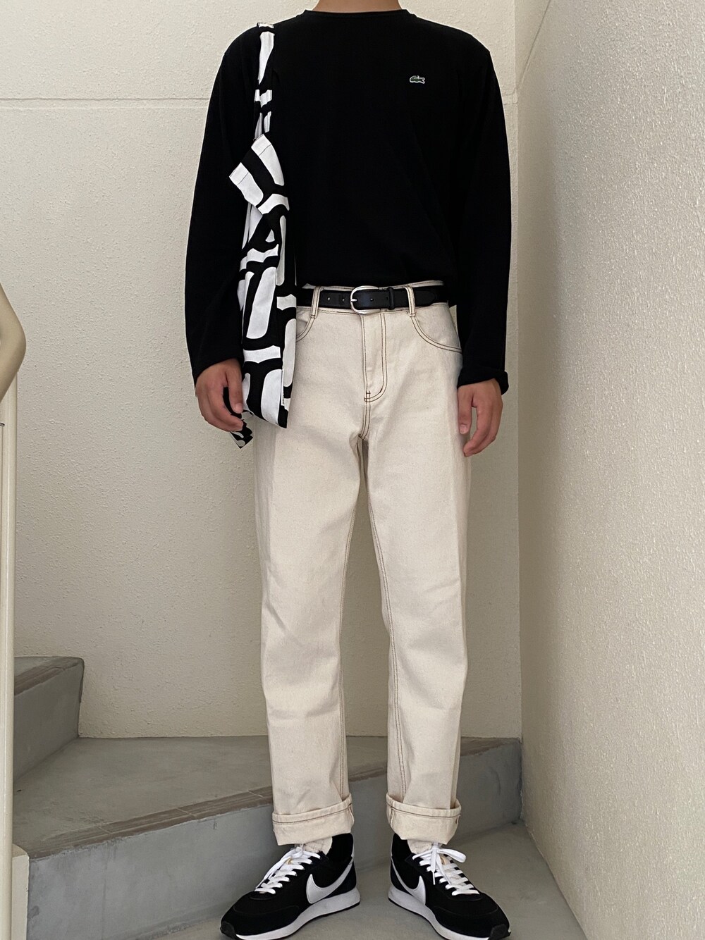 「summer、今日のコーデ、カジュアル、シンプル、メンズライク、おしゃれさんと繋がりたい、大人カジュアル、古着」｜「LACOSTEの鹿の子地ロングスリーブTシャツ（Tシャツ/カットソー、ブラック系）」を使った、ヒヨンさん（メンズ・183cm）の夏コーディネートの1枚目の写真