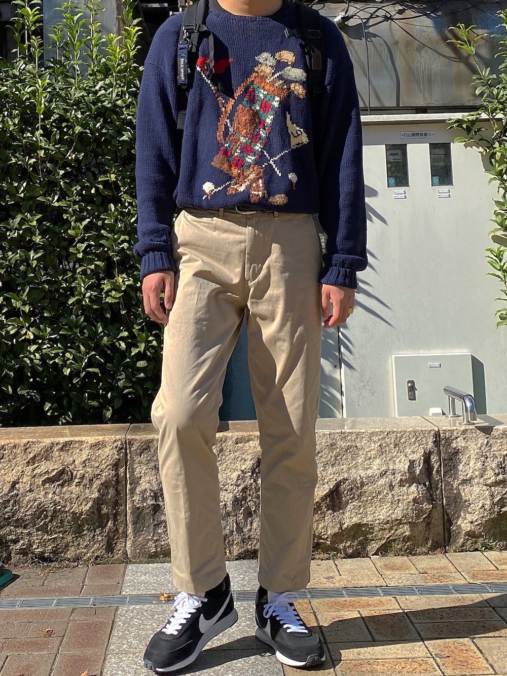 「シンプル、カジュアル、大人カジュアル、きれいめカジュアル、今日のコーデ、ニット、ootd、古着、プチプラ、秋コーデ」｜「POLO RALPH LAURENのアイテム（ニット/セーター、ブルー系）」を使った、ヒヨンさん（メンズ・183cm）の秋コーディネートの1枚目の写真