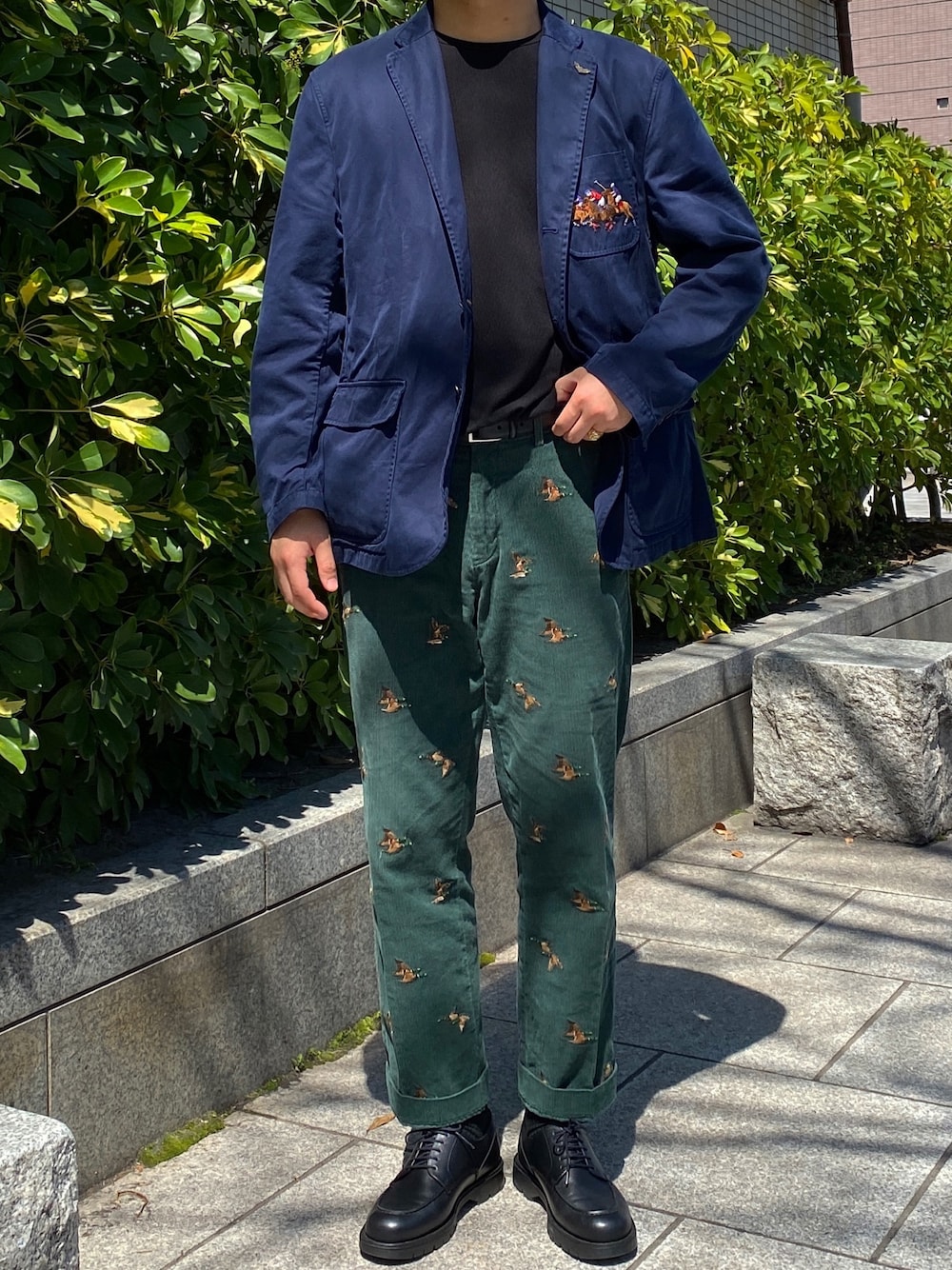 「ootd、テーラードジャケット、今日のコーデ、大人カジュアル、きれいめカジュアル、シンプル、プチプラ、古着、オーバーサイズ」｜「POLO RALPH LAURENのアイテム（テーラードジャケット、ブルー系）」を使った、ヒヨンさん（メンズ・183cm）の春コーディネートの1枚目の写真
