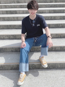 「ANDERSSON BELL（アンダースンベル）のアイテム（Tシャツ/カットソー）」を使った、RYOniiさん（メンズ・180cm）の夏コーディネート