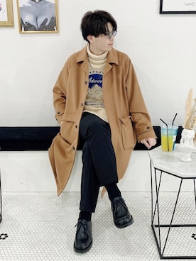 「MONKEY TIME（モンキータイム）のアイテム（ステンカラーコート）」を使った、RYOniiさん（メンズ・180cm）の冬コーディネート