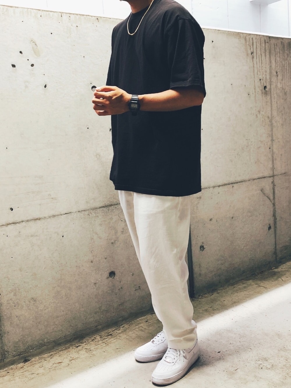 「PROCLUB、G-SHOCK、originalworkwear、BlackAnny、NIKE、AIR FORCE 1、エアフォースワン、オーバーサイズ、ストリート、シェフパンツ」｜「PRO CLUB のアイテム（Tシャツ/カットソー、ブラック系）」を使った、☻さん（メンズ・169cm）の夏コーディネートの1枚目の写真