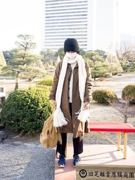 「SCYE BASICS（サイベーシックス）のアイテム（ステンカラーコート）」を使った、真名子さん（レディース・172cm）の冬コーディネート