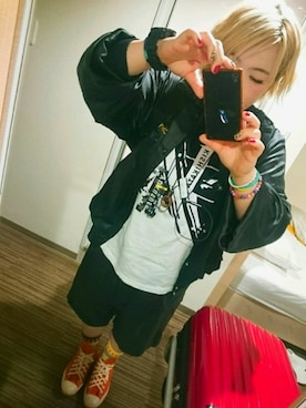「金髪ショート」｜「アイテム（ジャケット/アウター）」を使った、しまたさん（レディース・157cm）の夏コーディネート