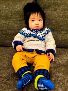 「BRANSHES（ブランシェス）のブロックチェックシャツ（シャツ/ブラウス）」を使った、つよぽんさん（キッズ・70cm）の冬コーディネート