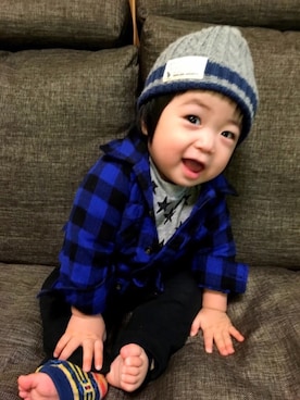 「BRANSHES（ブランシェス）のブロックチェックシャツ（シャツ/ブラウス）」を使った、つよぽんさん（キッズ・80cm）の冬コーディネート