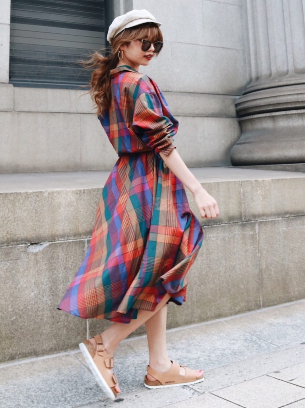 「シンプル、ゆるコーデ、カジュアル、vintage、キャスケット、ビルケンシュトック、birkenstock、MILANO2017、ワンピース、レトロ」｜「Madder vintageのアイテム（ワンピース、その他）」を使った、Akaneさん（レディース・163cm）の夏コーディネートの1枚目の写真