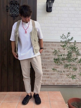 「ワークベスト」｜「アイテム（サンダル）」を使った、TAKAさん（メンズ・182cm）の夏コーディネート