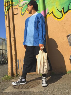 「no brand（ノーブランド）のアイテム（ポンチョ）」を使った、patrick starさん（メンズ・172cm）の春コーディネート
