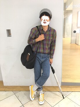 「キャンバスシューズ」｜「アイテム（ハンチング/ベレー帽）」を使った、patrick starさん（メンズ・172cm）の秋コーディネート