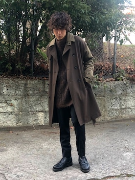「N.HOOLYWOOD（N.ハリウッド）のアイテム（トレンチコート）」を使った、TAKUさん（メンズ・171cm）の冬コーディネート