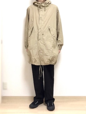 「ベージュ×ブラック」｜「アイテム（モッズコート）」を使った、だいたいぼくさん（メンズ・175cm）の秋コーディネート