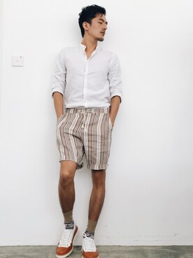 「initial（イニシャル）のアイテム（シューズ）」を使った、Alexander Yeungさん（メンズ・174cm）の夏コーディネート