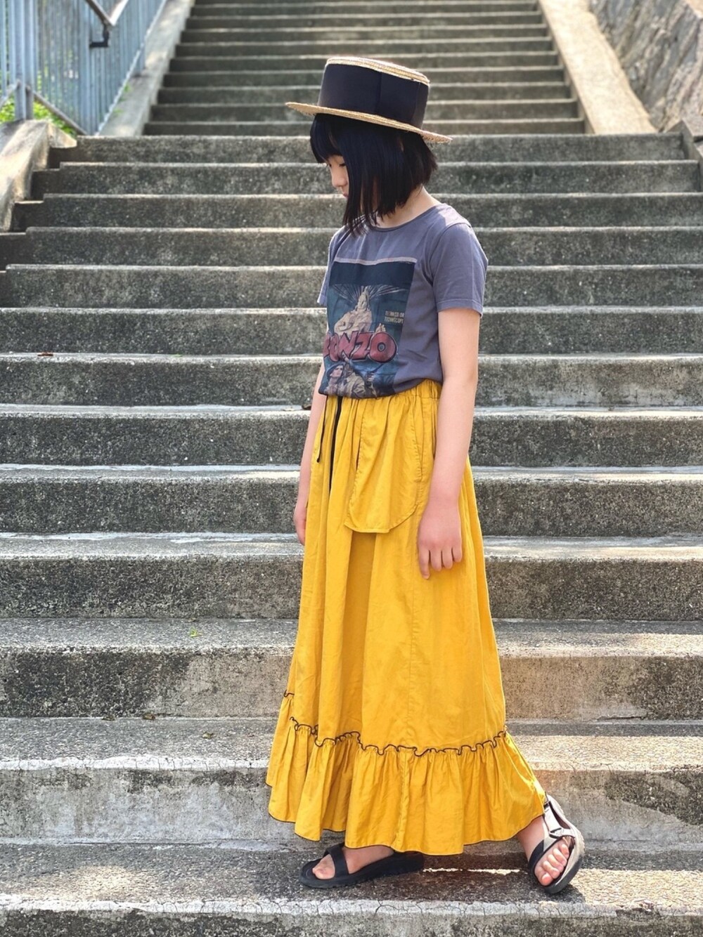 「これが私をアゲる服、サンダル、スポーツサンダル、teva、ロングスカート、Tシャツ、カンカン帽、休日スタイル、カジュアルコーデ、シンプルコーデ」｜「WILLYSのwideリボン（ハット、ベージュ系）」を使った、★COCO☆さん（キッズ・140cm）の春コーディネートの1枚目の写真