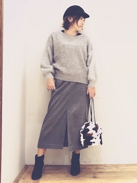 「フェザー」｜「アイテム（ハンチング/ベレー帽）」を使った、yasuno.【GLOBALWORK】さん（レディース・162cm）の冬コーディネート