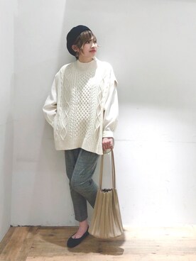 「プリーツバッグ」｜「アイテム（帽子）」を使った、yasuno.【GLOBALWORK】さん（レディース・162cm）の秋コーディネート