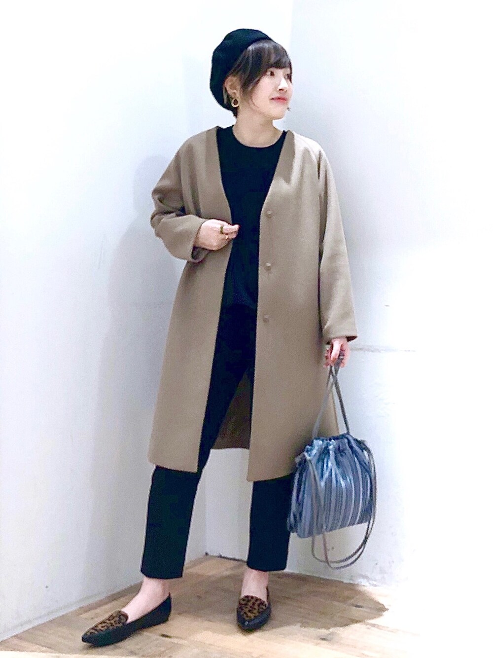 GLOBAL WORK 軽やかストレッチノーカラーコート ブラウン Mサイズ