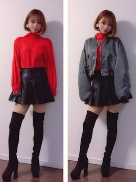 「レザースカート」｜「アイテム（MA-1）」を使った、mihoさん（レディース・160cm）の冬コーディネート