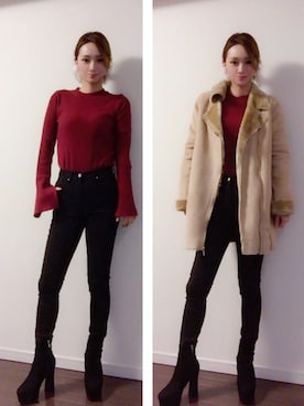 「ブーツイン」｜「アイテム（ムートンコート）」を使った、mihoさん（レディース・160cm）の冬コーディネート