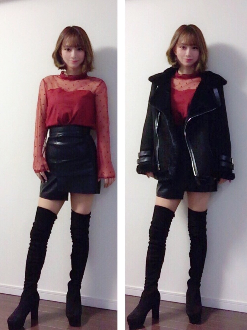 「冬コーデ、dabagirl、アウター、ムートンコート、ファー、GRL、ドット、ブラウス、レザースカート、ニーハイブーツ」｜「DABAgirlのバックルポイントルーズムートンジャケット（ムートンコート、ブラック系）」を使った、mihoさん（レディース・160cm）の冬コーディネートの1枚目の写真
