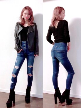「EMODA」｜「アイテム（ライダースジャケット）」を使った、mihoさん（レディース・161cm）の春コーディネート