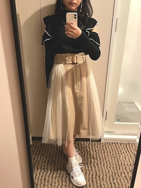 「TITTY&CO.（ティティーアンドコー）のレイヤードチュールスカート（スカート、ベージュ系）」を使った、まぴさん（レディース・150cm）の冬コーディネート
