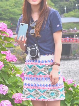 「Champion（チャンピオン）のアイテム（Tシャツ/カットソー、ブルー系）」を使った、momoさん（レディース・155cm）の夏コーディネート