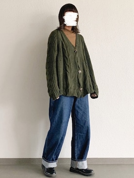 「Fillil（フィリル）のローゲージケーブルニットカーディガン（カーディガン/ボレロ、グリーン系）」を使った、sonさん（レディース・164cm）の冬コーディネート