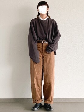 「MERLOT（メルロー）のオーバーサイズ裏起毛スウェットプルオーバー1064/079-7243（スウェット、グレー系）」を使った、sonさん（レディース・164cm）の冬コーディネート