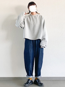 「MERLOT（メルロー）のボリューム袖裏起毛スウェット（スウェット、グレー系）」を使った、sonさん（レディース・164cm）の冬コーディネート