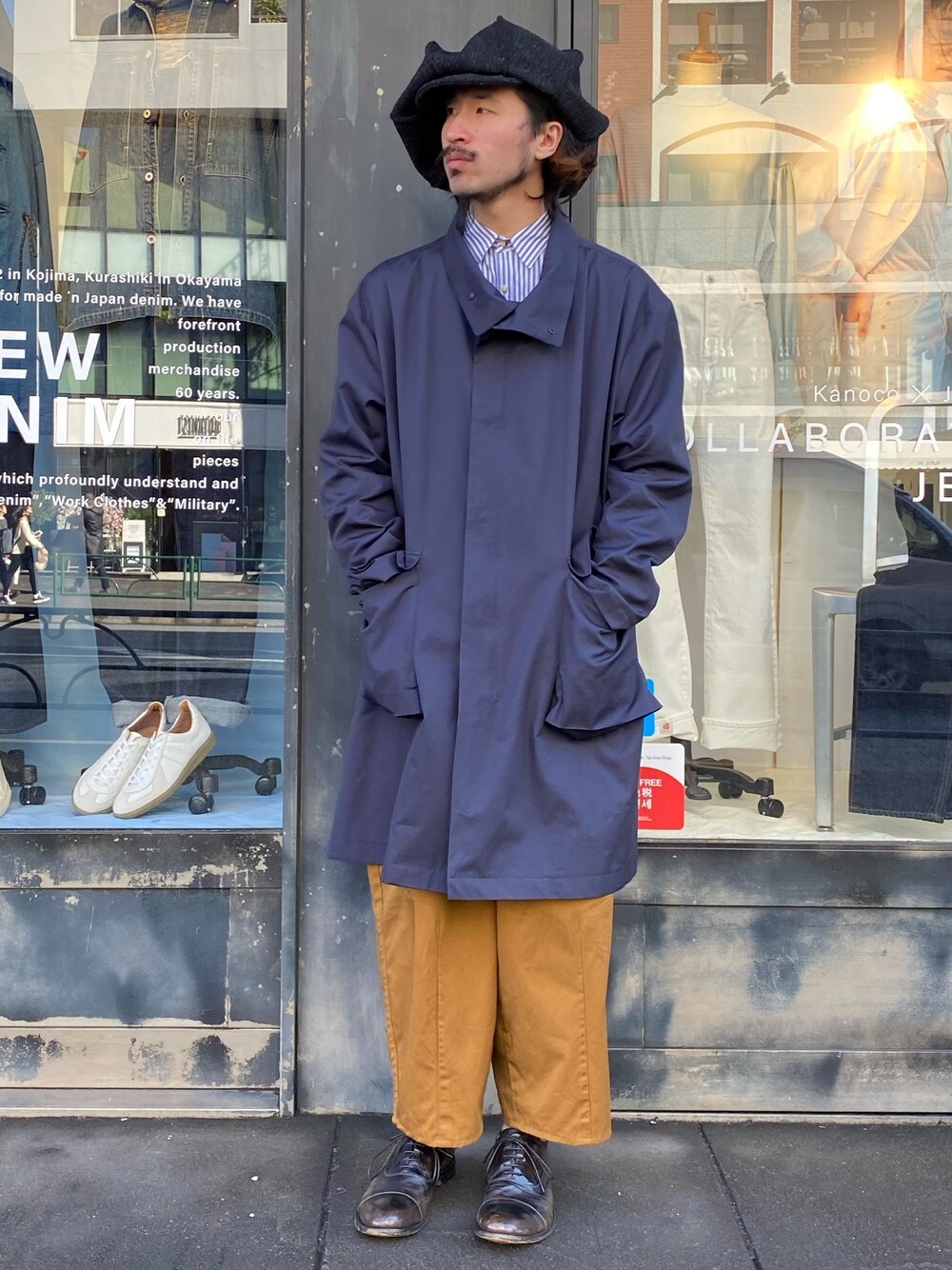 「コート、johnbull、キャスケット、ワイドパンツ、春コーデ、ゆるコーデ、ジョンブル、Johnbull Private labo、ジョンブル　プライベート　ラボ(Johnbull Private labo)、nuterm」｜「nutermのアイテム（ジャケット/アウター、ブルー系）」を使った、dasさん（メンズ・176cm）の冬コーディネートの1枚目の写真
