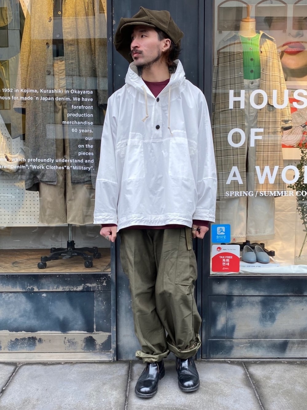 「ミリタリー、johnbull、キャスケット、カーゴパンツ、ワイドパンツ、アノラックパーカー、ジョンブル、Johnbull Private labo、ジョンブル　プライベート　ラボ(Johnbull Private labo)、o project」｜「O projectのアイテム（ジャケット/アウター、ホワイト系）」を使った、dasさん（メンズ・176cm）の冬コーディネートの1枚目の写真