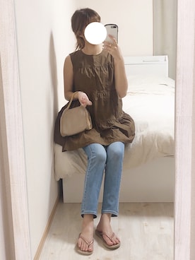 「UNIQLO（ユニクロ）のハイライズシガレットジーンズ（デニムパンツ）」を使った、わいさん（レディース・162cm）の夏コーディネート