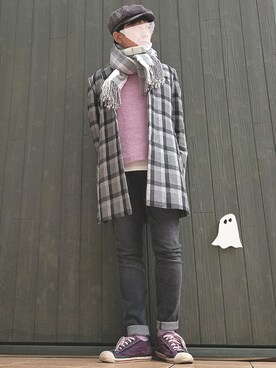 「チェックマフラー」｜「アイテム（チェスターコート）」を使った、いんちょ。さん（メンズ・167cm）の冬コーディネート