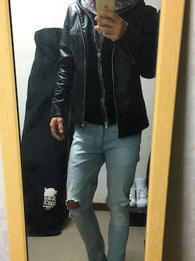 「ジム」｜「アイテム（ライダースジャケット）」を使った、(・∀・)さん（メンズ・170cm）の冬コーディネート