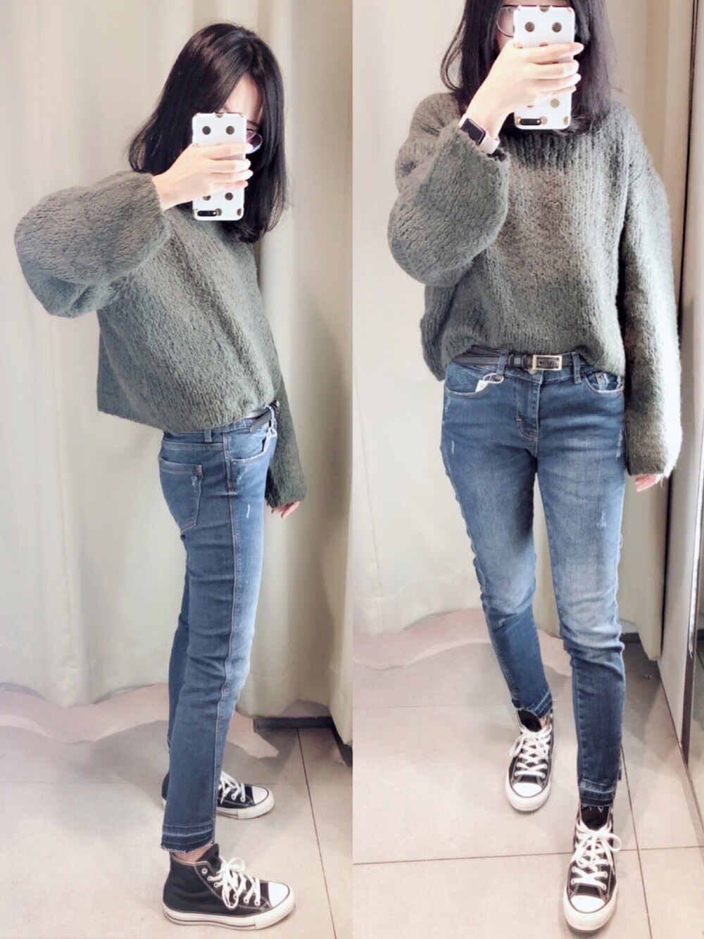 ブルー系のデニムパンツ、その他のニット/セーターを着用したレディースの秋コーディネートの1枚目の写真