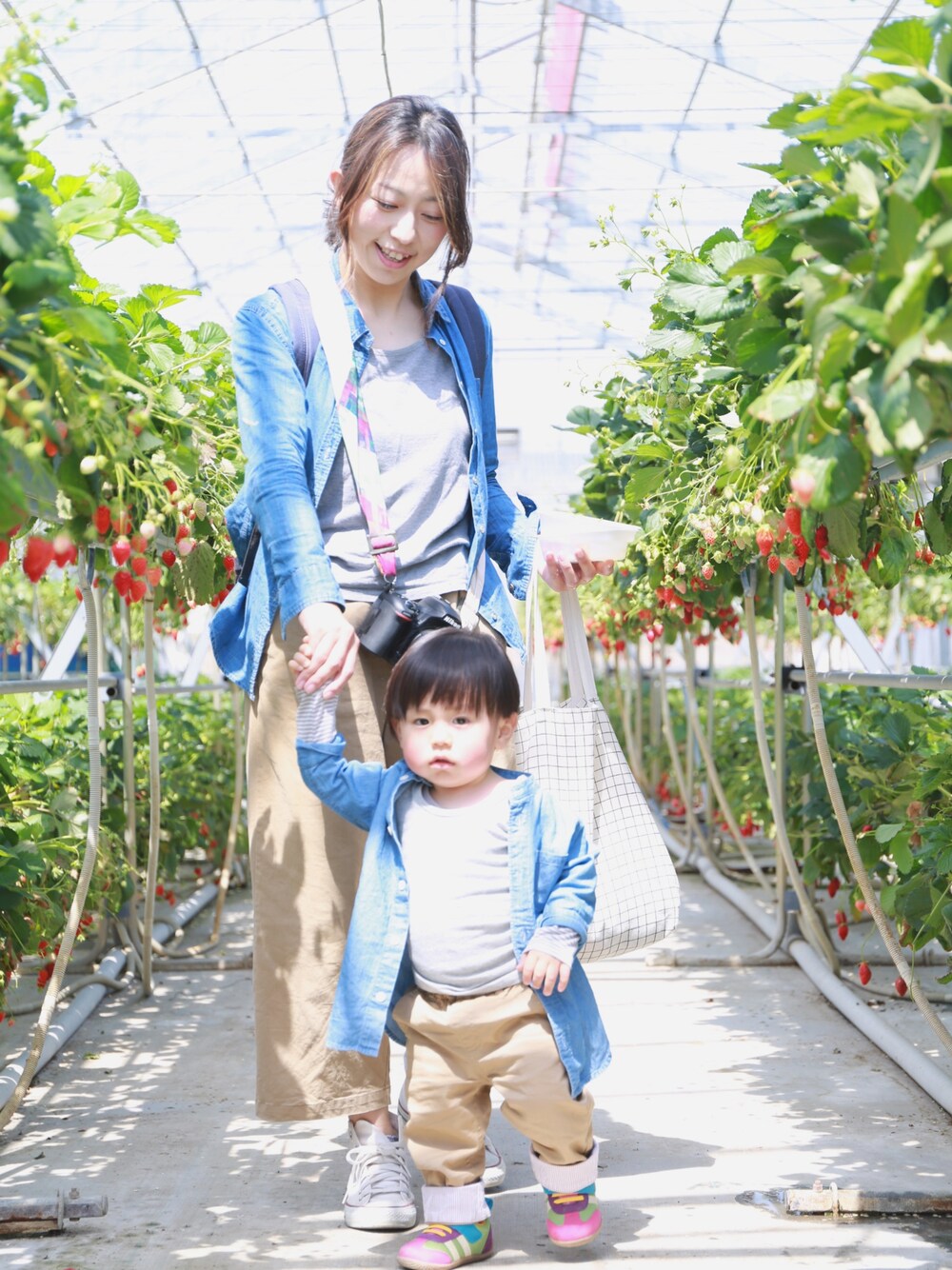 「カジュアルコーデ、シンプルコーデ、リンクコーデ、GLOBAL WORK、チノパン、デニムシャツ、親子コーデ、親子でおそろい、kids、スニーカーコーデ」｜「GLOBAL WORKのデニムシャツ長袖/725109（シャツ/ブラウス、ブルー系）」を使った、KIIさん（キッズ・80cm）の春コーディネートの1枚目の写真
