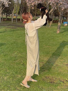 「RETRO GIRL（レトロガール）のサテンキャミワンピース（ワンピース、グリーン系）」を使った、𝐶ℎ𝑖𝑛さん（レディース・160cm）の春コーディネート