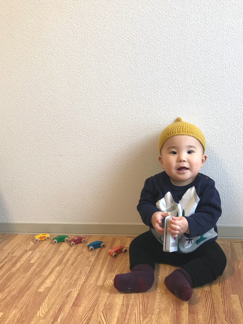「男の子コーデ、綿ニット、雪だるま、プチバトー、どんぐり帽」｜「babyGAPのアイテム（ニット/セーター、ブルー系）」を使った、425さん（キッズ・70cm）の冬コーディネートの1枚目の写真