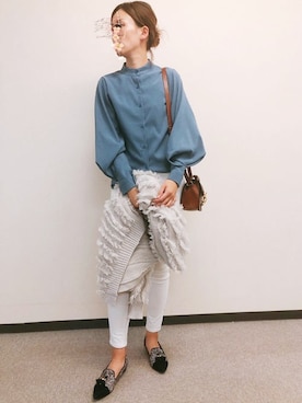 「バンドカラーシャツ」｜スタッフさん（レディース・167cm）の秋コーディネート