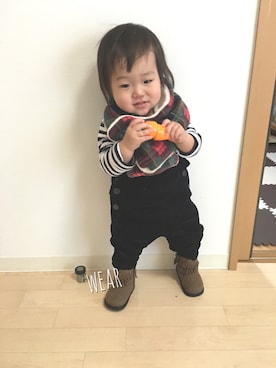 「チェックマフラー」｜「アイテム（オールインワン・サロペット）」を使った、☆SOUMA☺︎さん（キッズ・70cm）の冬コーディネート