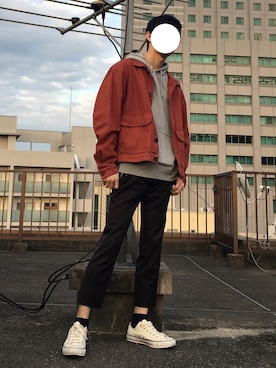 「アイテム（カバーオール、レッド系）」を使った、Nさん（メンズ・172cm）の春コーディネート