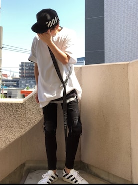 「off white（オフホワイト）のアイテム（キャップ、ブラック系）」を使った、shige   Dolla  ＄ignさん（メンズ・175cm）の夏コーディネート